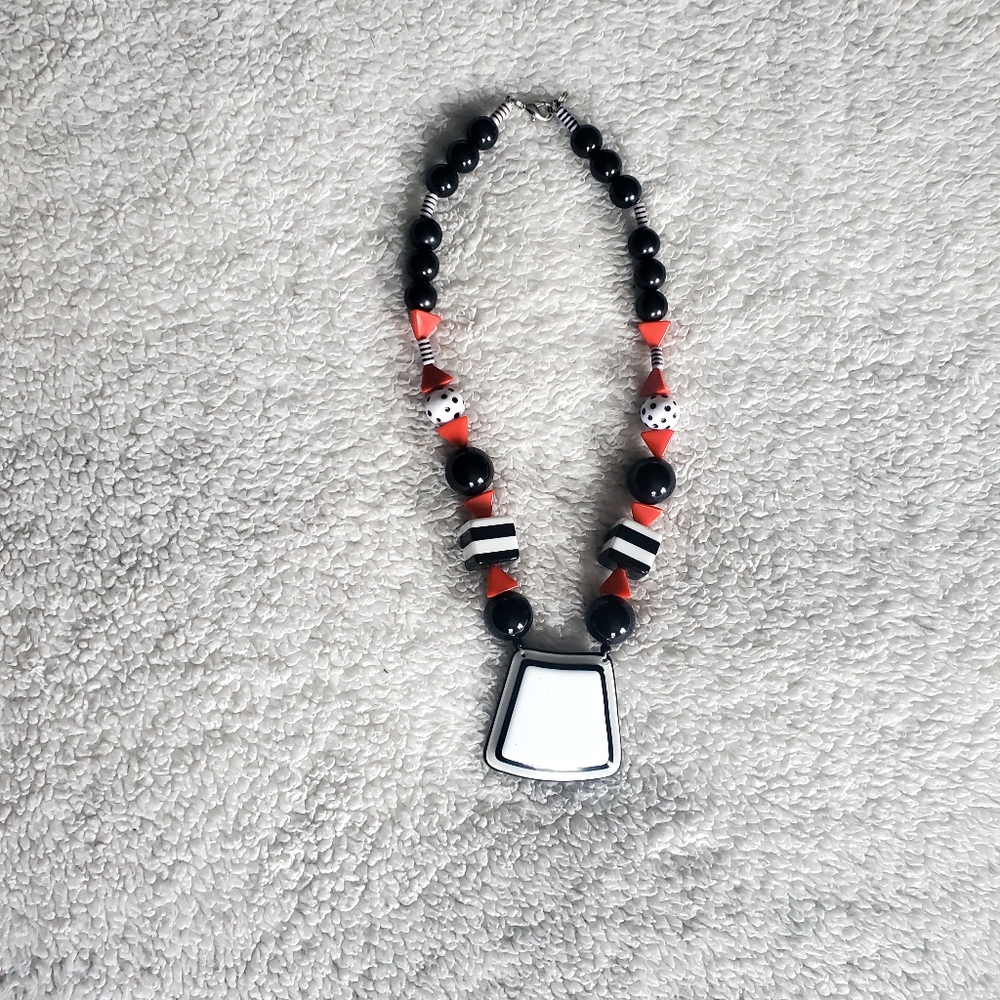Black Red White Beaded Plastic Necklace Wearable Art Statement Piece